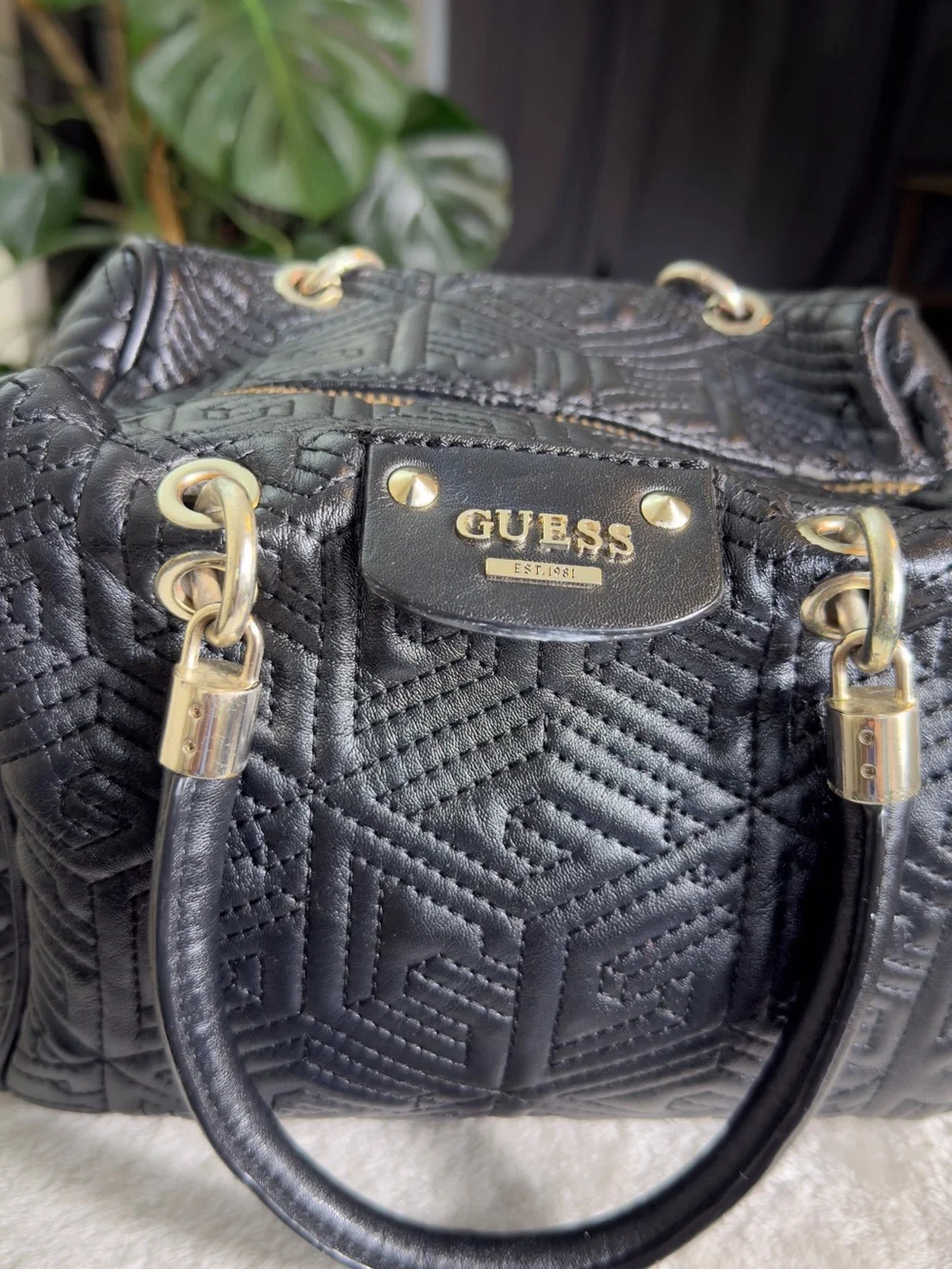 Guess Geometric Quilted Barrel Satchel Bag Black 3D Cube Top Handbag Purse